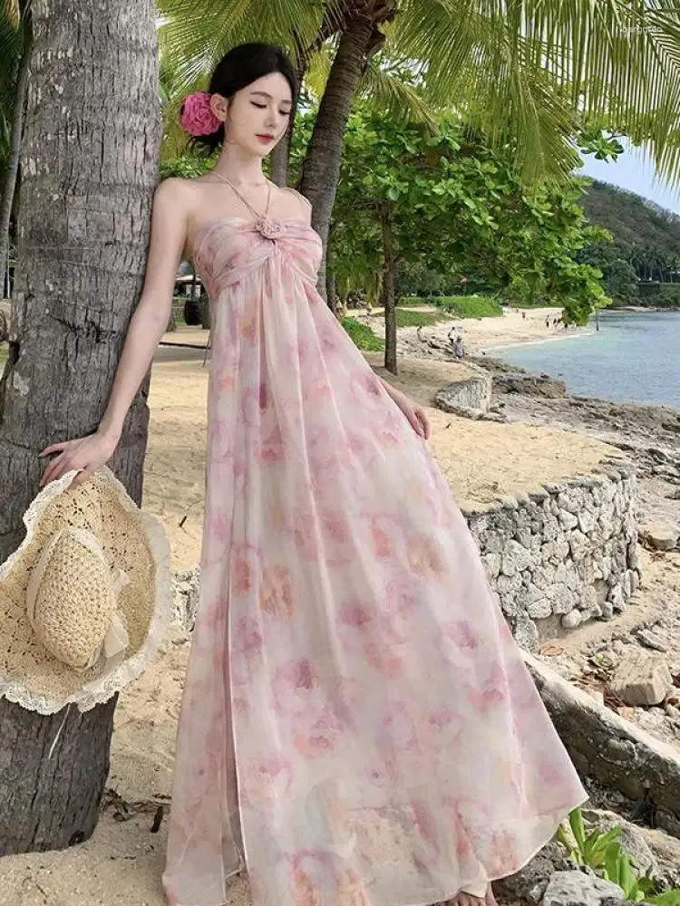 Vestidos informales Vintage Pink Floral Impresiones para mujeres Elegantes División sin espalda Long Summer sin mangas una línea de vestir de vestir plisado