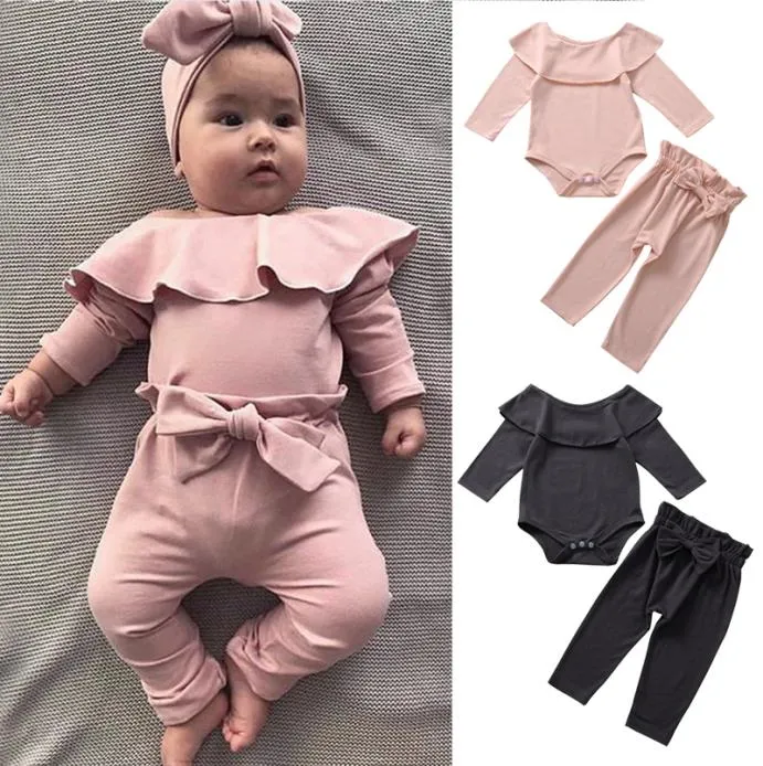 Set di abbigliamento per bambine Ruffled Rompers Abiti a maniche lunghe Girls Elastic Waist Pants Candy Color 2 Pcs Suit 03T 043173251