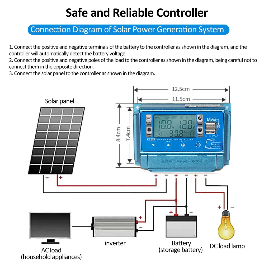 WiFi BT 60A Solar Charger Controller 12V/24V/36V/48V/60V Charging MPPT Controllers LCD Display Dual Usb 5v Output Controller App Remote Control Solar