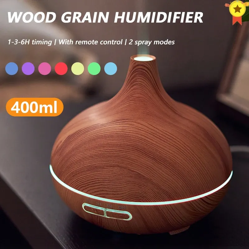 Humidificateurs Diffuseur d'huile essentielle d'arôme 400 ml diffuseur essentiel avec télécommande en bois ultrasonic Grain Air Humidificateur 7color Light for Home