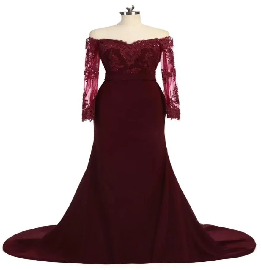 Mode foncé rouge de l'épaule longue robe de bal bon marché avec des manches en dentelle illusion sirène en mousseline de soie en mousseline de nuit en soirée 4305970