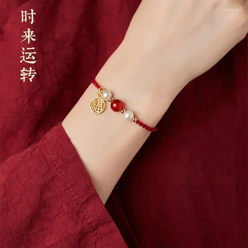 Bransoletki urokowe powodzenia koraliki agatowe i bransoletka perłowa dla kobiet ręcznie tkany czerwony sznurek z rokiem urodzeniowej biżuterii w stylu fortuny w stylu fortuny