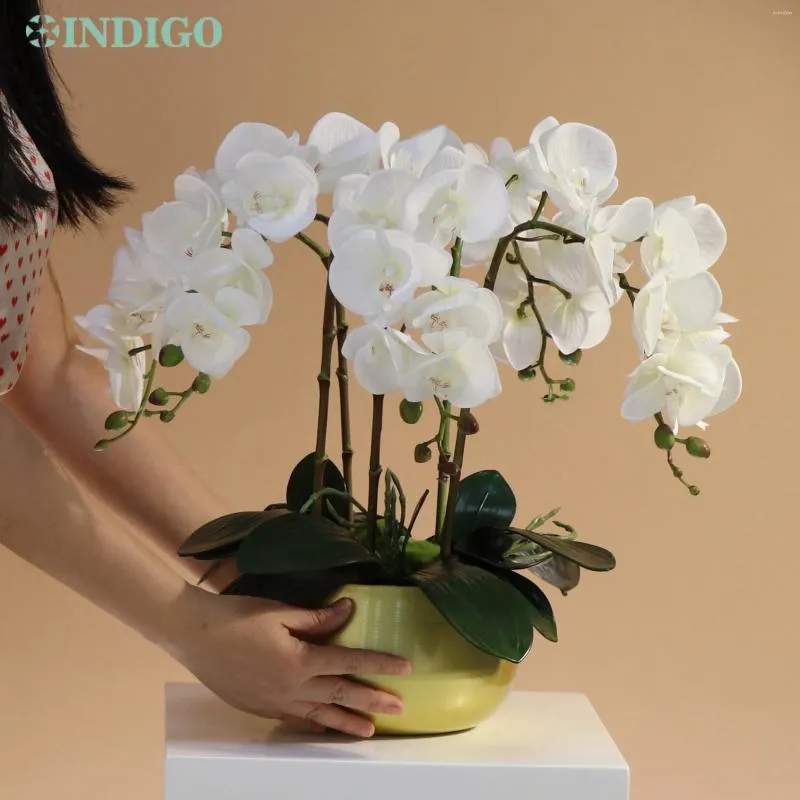 Dekorative Blumen weiße Motten Orchidee (1 Set DIY) Blumenarrangment (5pcs Moos 3pcs Blätter Pot) Schmetterling Dekoration Herzstück Herzstück