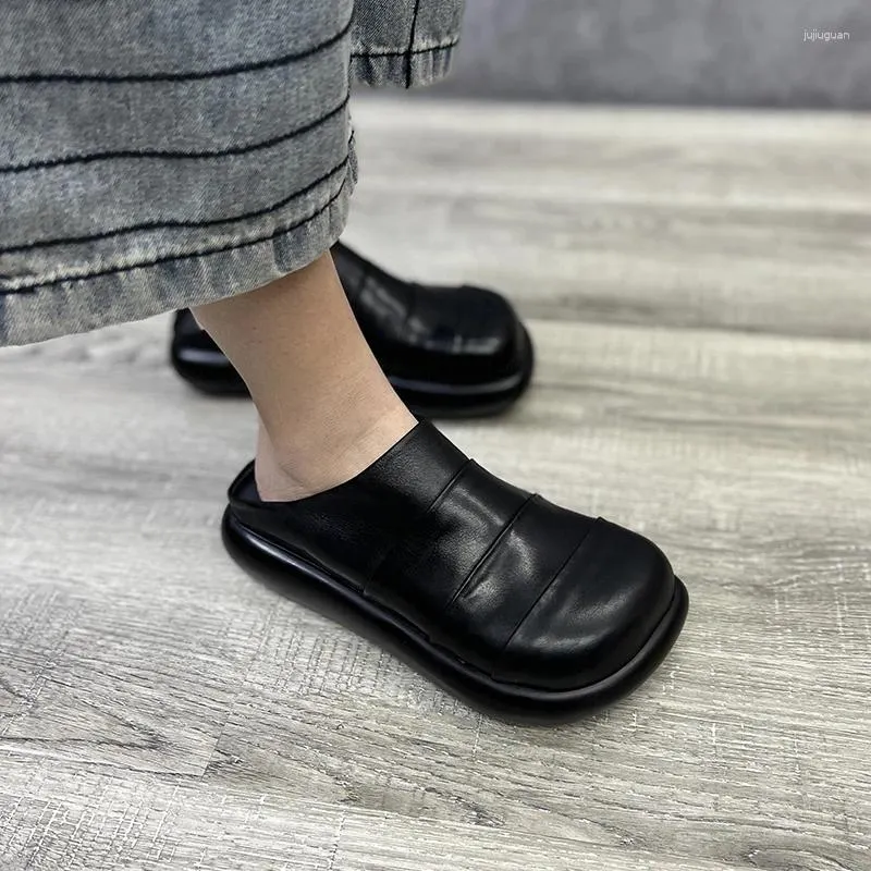 Slippers Birkuir rétro fermé Toe Femmes extérieures Sandales à talon épais 2024 Cuir authentique