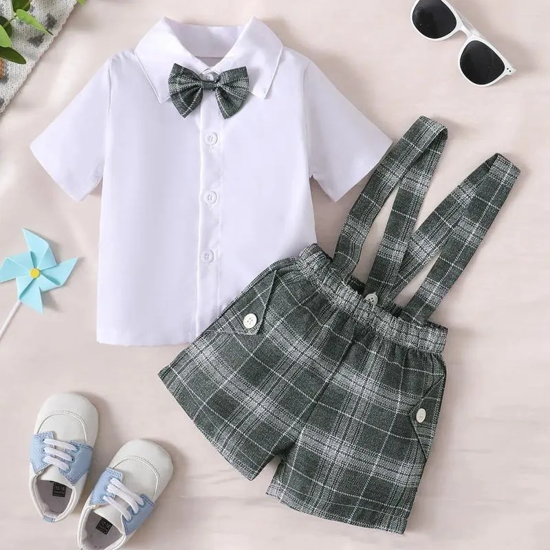 Kledingsets 6-tot 36 maanden oude geboren babyjongens zomer witte revers vest met korte mouwen met een plaid Suspenders Shorts Heer Gentleman Suit