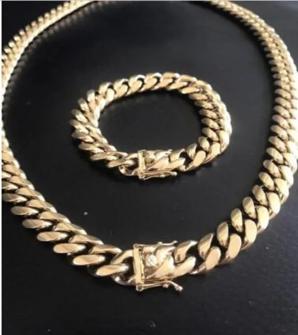 Harlembbling 14 mm hommes Miami Cuban Link Bracelet Chain Set 14k Gold plaqué4842657