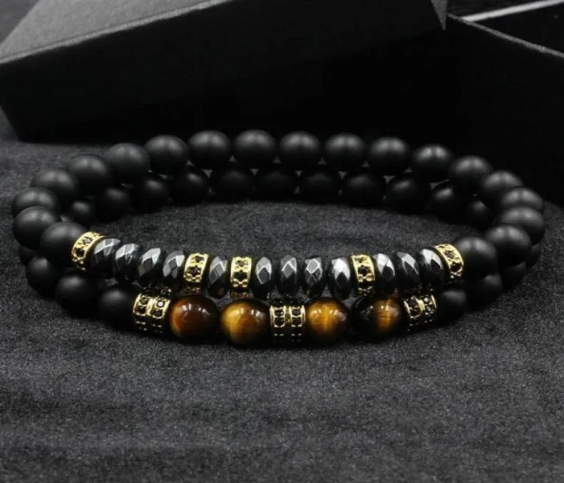 2PCSSETブランドファッションPave CZ MEN BRACELET 8mmマットビーズとリストストラップアクセサリーのヘマタイトビーズDIYチャームギフトValentin62991382