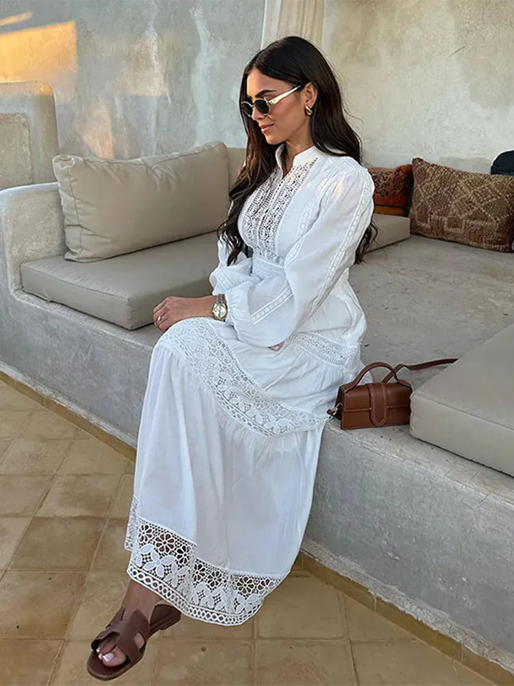 Elegant Women's Maxi Dress: Stand Collar, Lantern Sleeves, Casual Loose Fit,  Lace Spliced Hollow Out Design, Spring Female Street Robe 240401 from  Dhgate Basic & Casual Dresses - price 59.99