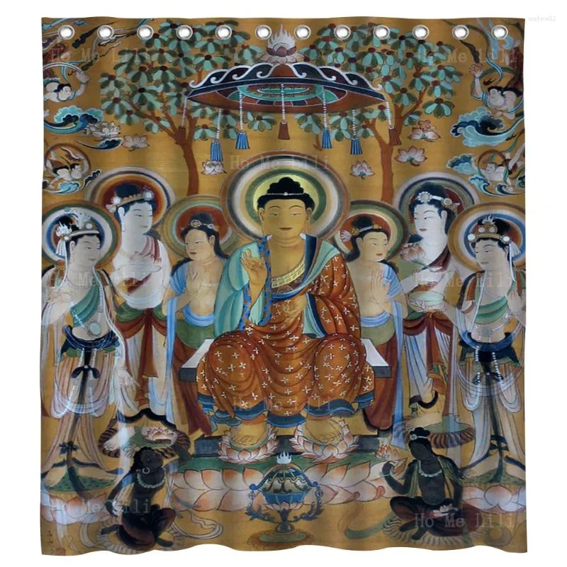 샤워 커튼 Dunhuang 벽화 그림 부처님으로 둘러싸인 Bodhisattvas mogao 동굴 커서 ho me lili 욕실 장식