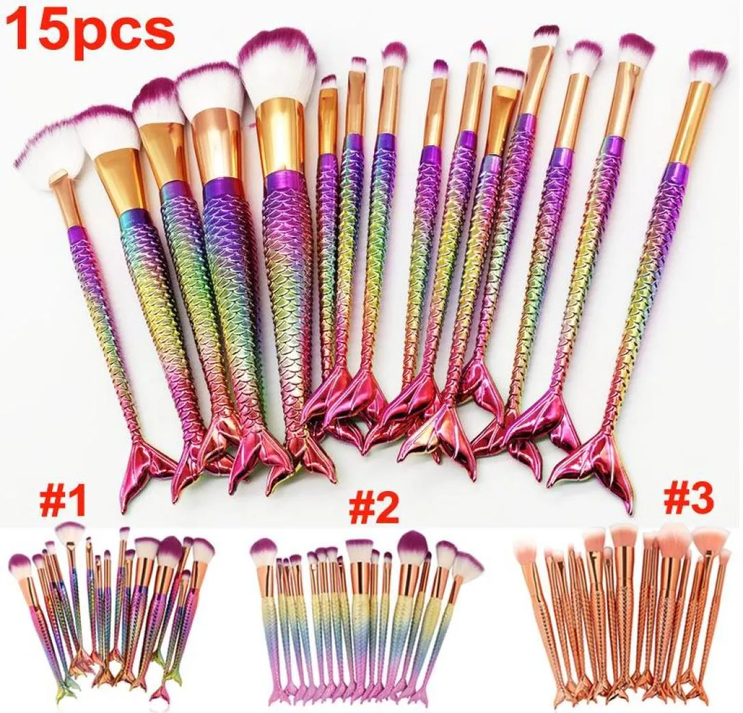 Nieuwe 15 -st set make -upborstels Mermaid Brush 3D kleurrijke professionele make -up borstels foundation blush cosmetische borstelset gereedschap 1428525