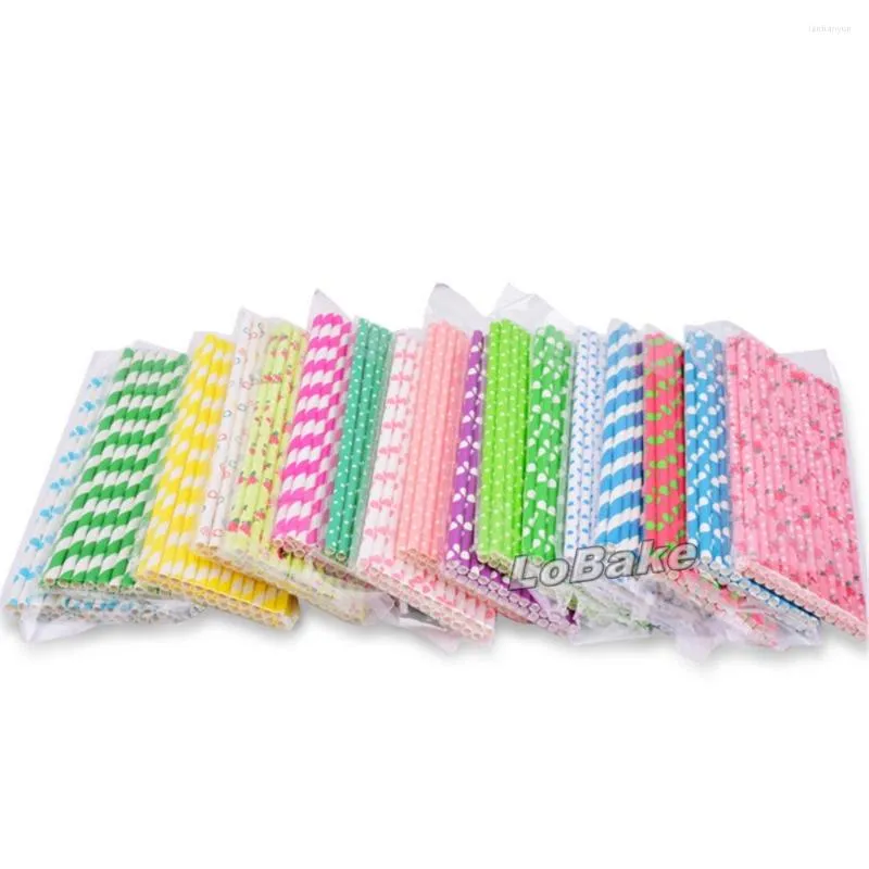 Rietjes drinken (2 packs/lot 25 stcs/pack) Laatste 19,5 cm lange kleurrijke papierkunst stro fruit stoomwaters sap willekeurig kleur verzonden