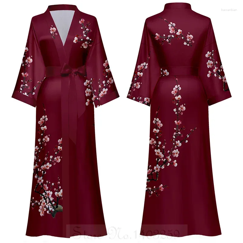 Huiskleding bordeaux print bloem lange mantel slaapkleding vrouwelijk kimono badjas jurk lente zomer satijn nachtkleding losse jurk lounge slijtage