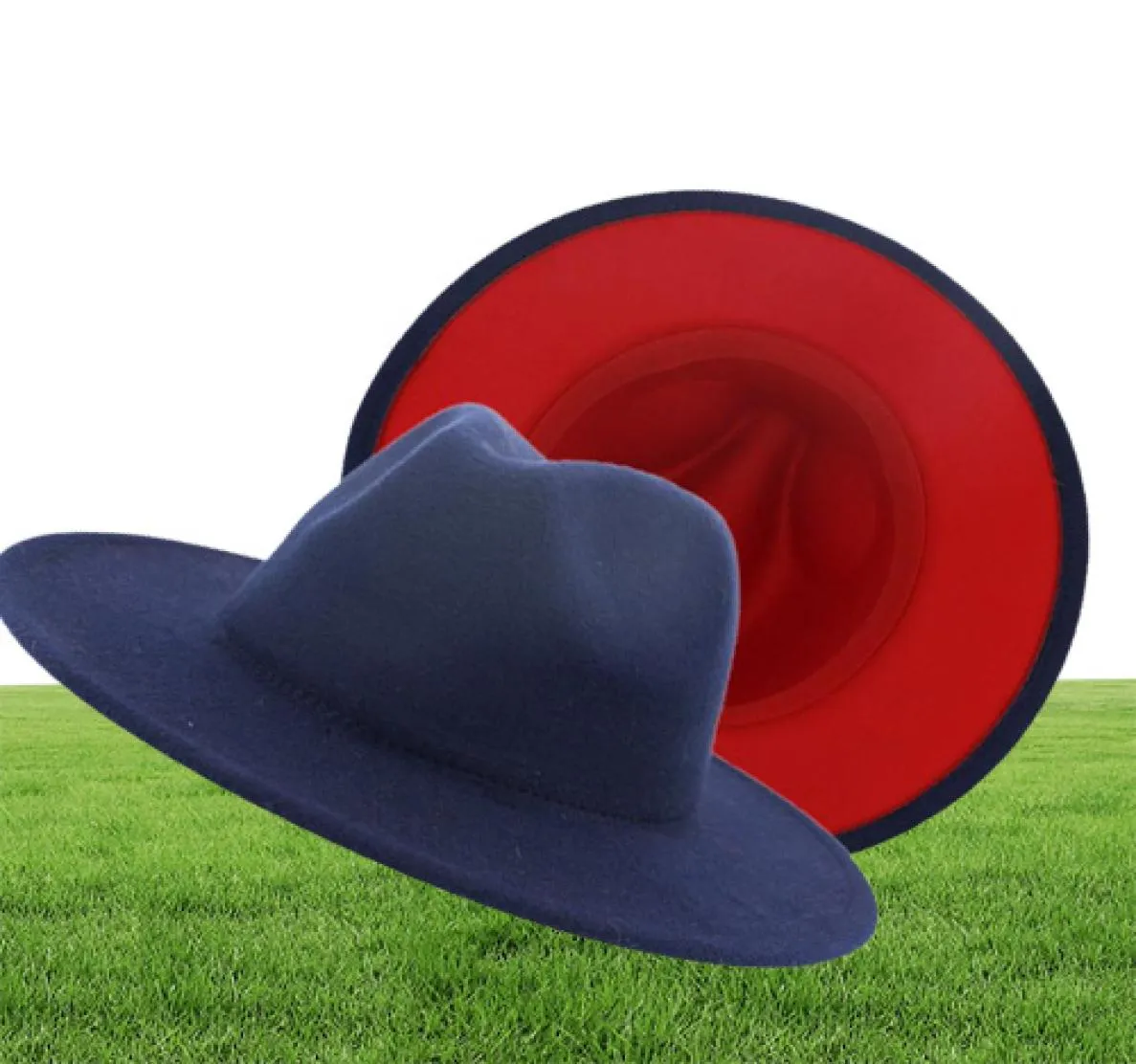 British Style Navy Blue Red Patchwork Felt Jazz Hat Cap Men Women Flat Brim Wool Blend Fedora Hats Panama Trilby Vintage Hat7499045