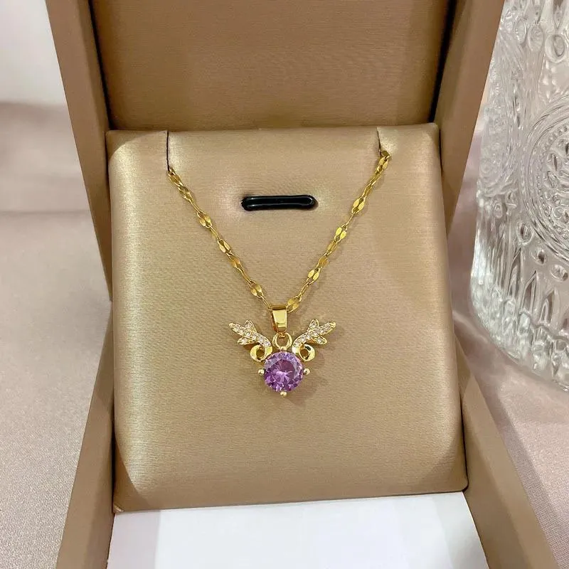 Colares de pingentes Cadeia de aço inoxidável clássico clássico de zircão roxo colar de alces para mulheres Lady Vintage Jewelry Acessórios Presentes