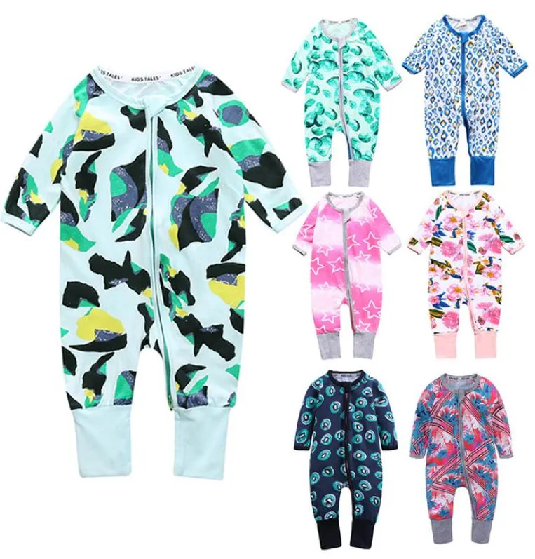 Baby rompers långa ärmar dubbel dragkedja bodysuit jumpsuit bomull tryck nyfödda pojkar och flickor spädbarn jumpsuits casual kläder m3997912904