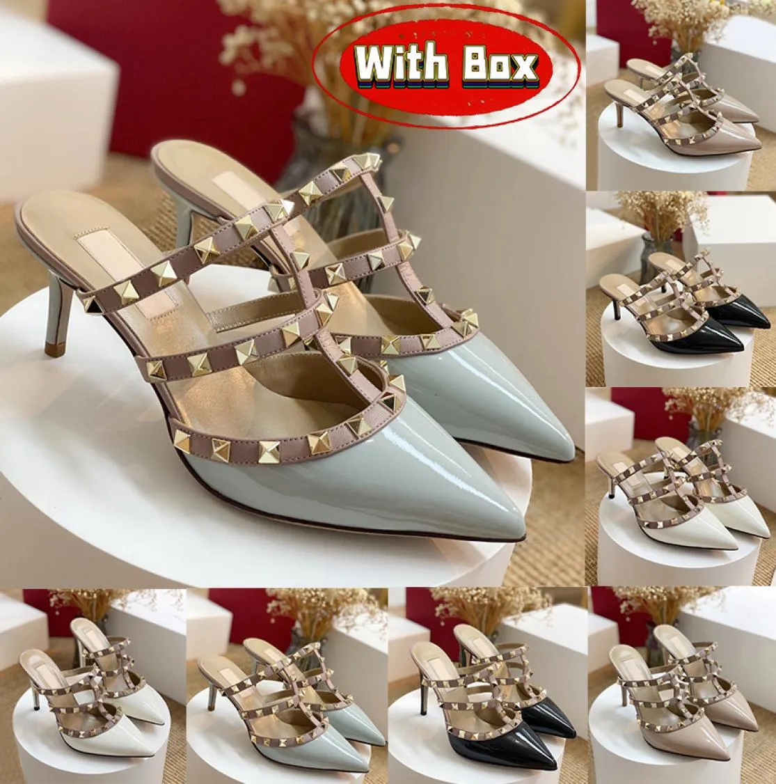 С коробкой из коробки патентованной кожи насосы на каблуках 65 мм 95 -мм сандалии роскошные женские туфли на высоких каблуках синие белые черные розовые вечеринка свадебные женские кроссовки6035800