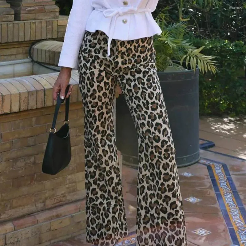 Pantalon féminin Femmes Wide-Leg Imprimé Léopard Ligneuse pour la taille de la taille moyenne des pantalons élastiques élastiques Streetwear Long