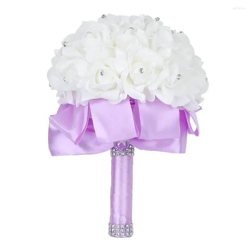 Bröllopsblommor 2024 Handgjorda Beautifu Lilac Bridal Bridesmaid Flower Bouquet Artificial Rose Ribbon Crystal Bouquets de Noiva