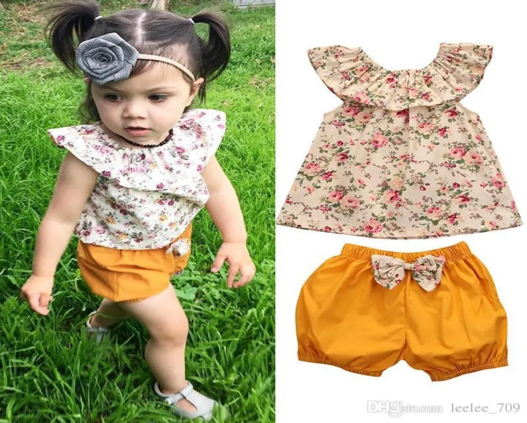 Summer NOUVEAU BROB BEBLOS GIRL CHOSS FLORAL TOP BOWKNOT Shorts 2pcs Tenues Bebek Giyim Toddler Kids Clothing Set1184826