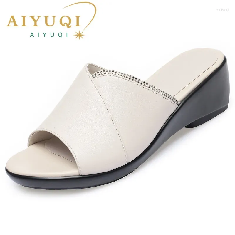 Hausschuhe aiyuqi Frauen Sandalen echtes Leder Sommer Open-Toe-Schuhe große Größe 41 42 43 Mama Wedge Slides