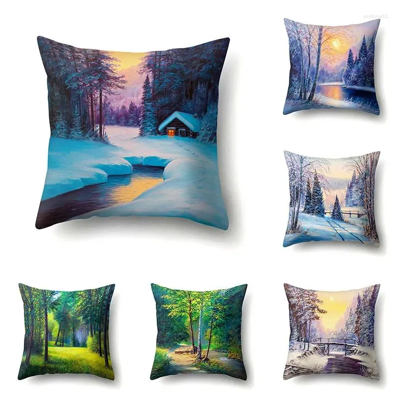 Yastık dört mevsim manzarası yastık kılıfı orman ağaçları göl kar doğası uyku kanepe yatak odası ev dekorasyon