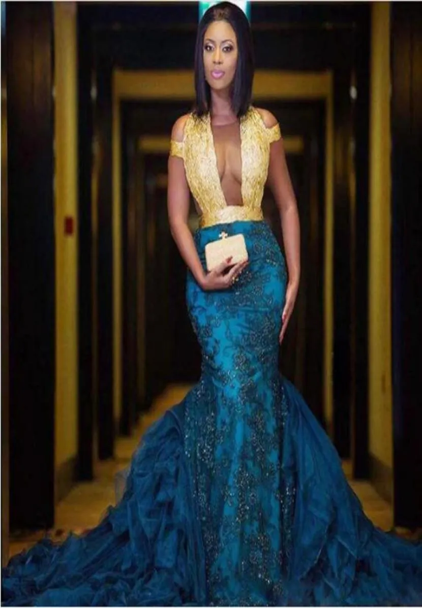 Sexy Hollow Front Sheer Neck Gold and Blue Lace Prom Gown Applique Ruffle OfftheShoulder Mermaid Long Train Formal Evening Party4975247