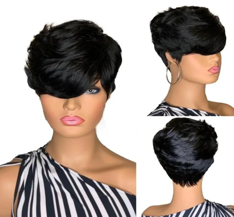 Pixie Short Cut Human Hair Wellenperiere natürliche schwarze Farbe Glueless Brasilian Remy Perücke für Frauen Vollmaschine Made9163926