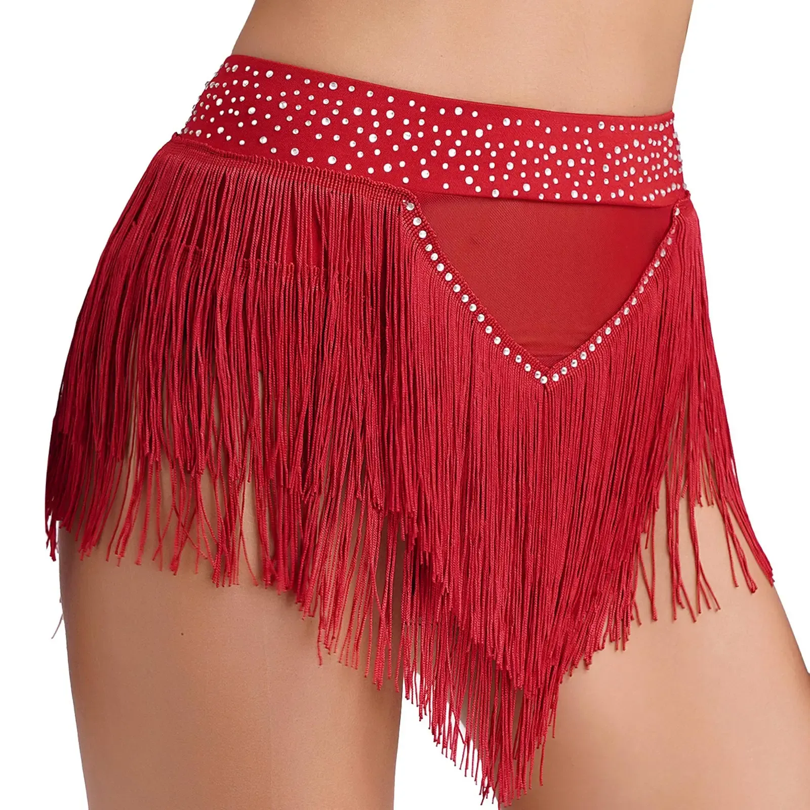 Rhinestone Dance Costumes Salsa Tassel Skirt Latin Ballroom