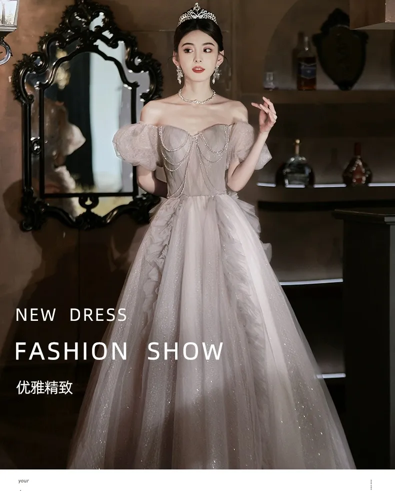 bridesmaid dress chains Romantic Long Lantern Sleeves Split Tulle Bridesmaid Dresses with Chai