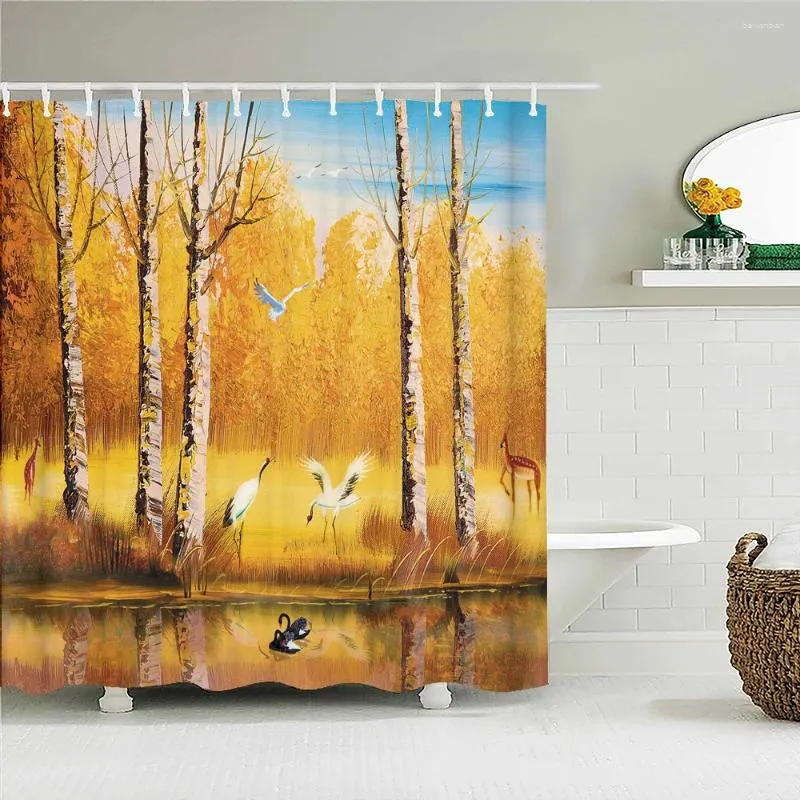 Tende per doccia fiori di pittura olio dipinti tende in tessuto paesaggio alberi di foreste impermeabili per decorazioni del bagno 10 con ganci