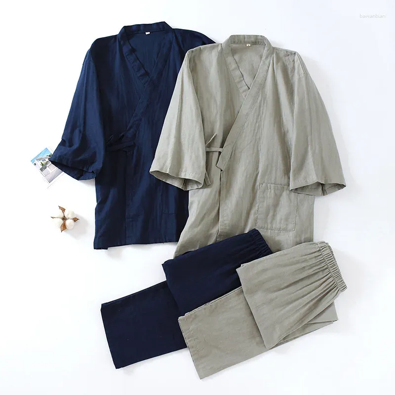 Caso de casa Mens algodão pijamas japoneses quimono yukata define o cardigan sleepwear listra manga curta