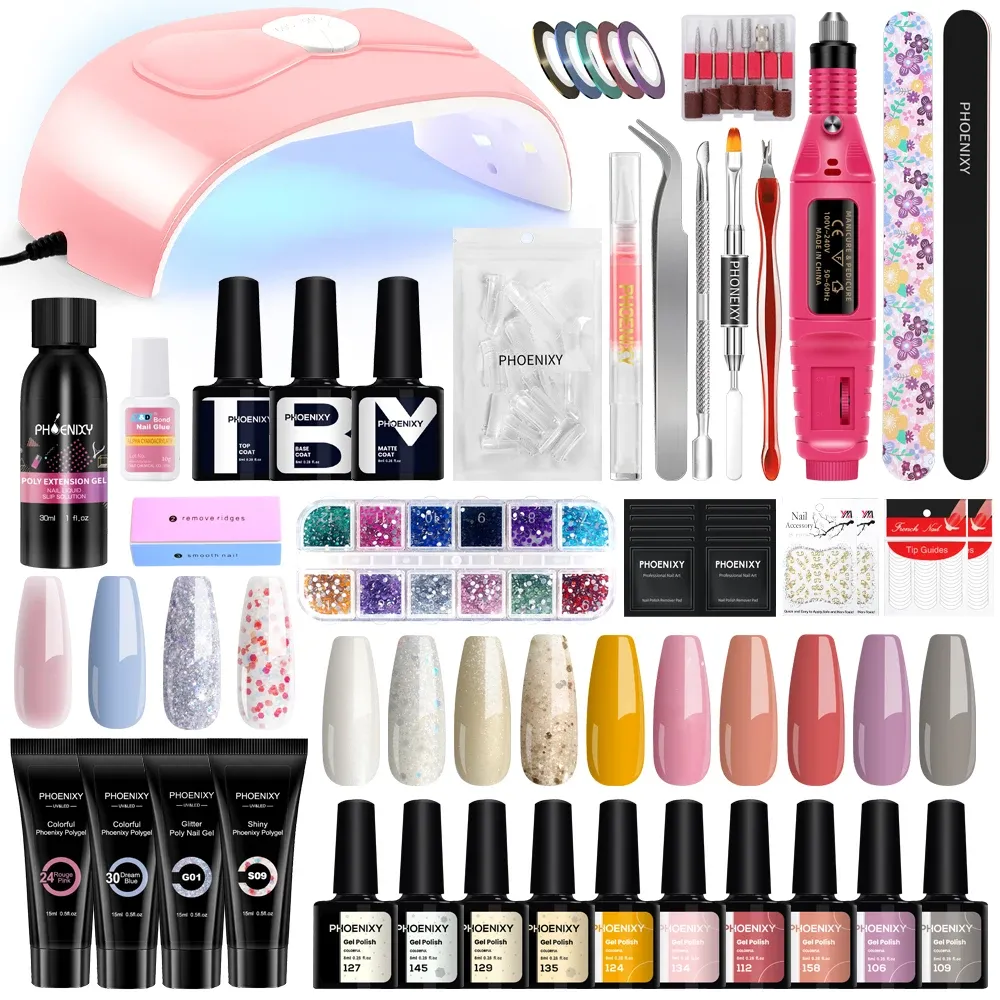 Kits Phoenixy Gel Achaness Conjunto com lâmpada Máquina de perfuração de unhas de unhas poli unha kit de unhas Extensão de unhas verniz