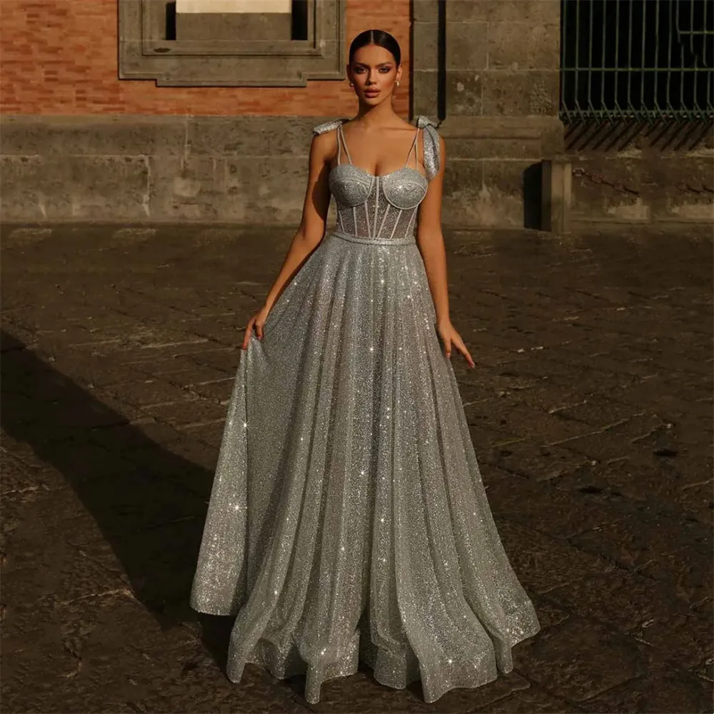 navy blue dress for baby girl Silver Tulle A-line Spaghetti Straps Long Prom Dresses With Side Split,  MP789 main image 1