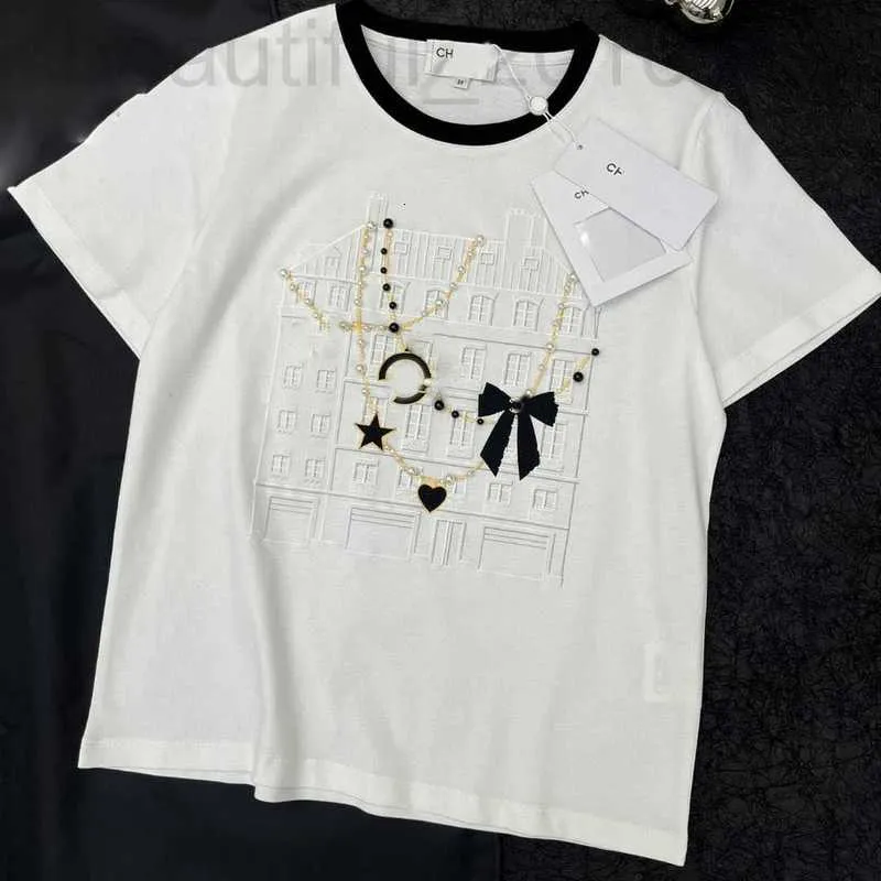 Kobiety z czołgów Camis Designer Early Spring New Ch Nanyou Gaoding Fresh Academy Style Industry Pearl Cain Contrast Około szyi Pure Bawełna T-shirt krótkie rękawy K8K