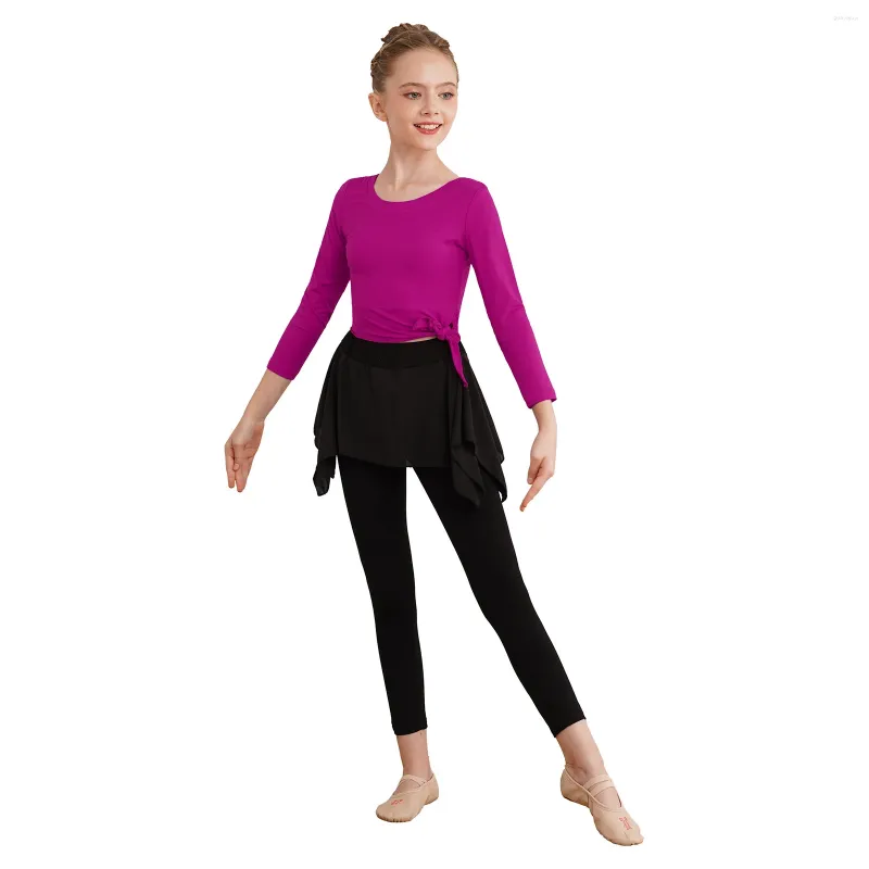 Ensembles de vêtements 2pcs pour enfants filles de danse Dance Training Tenues à manches longues Hémandir irrégulier Top avec des leggings à jupes