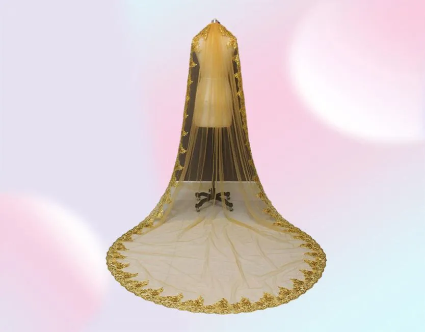 Real POS One Layer Sequins Кружевное краевое золото 3 -метровое собор Свадебная вуал с расческой красивой свадебной вуаль NV70985614037