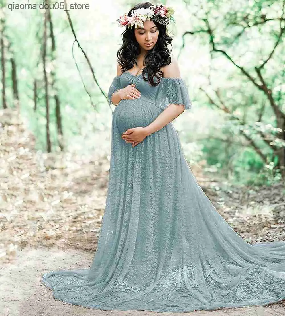 Abiti di maternità abiti da donna in gravidanza oggetti fotografici abiti in pizzo floreale abiti di maternità floreale a spalla pieghe per bambini scattando foto q240413