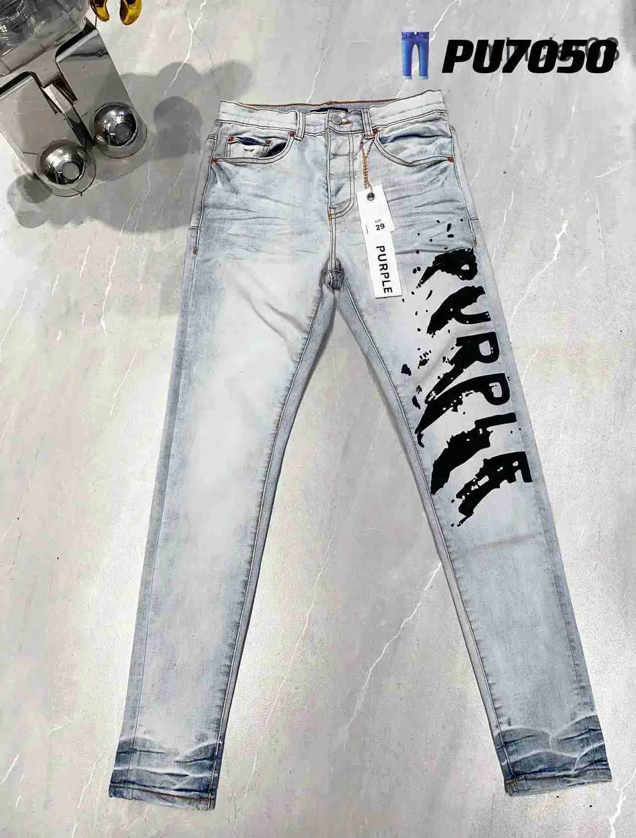 24SS Nouvelle lettre violette marque Jeans imprimés hommes High Street Fashion Vintage lavé Stretch Skinny Fit Jeans High Quality