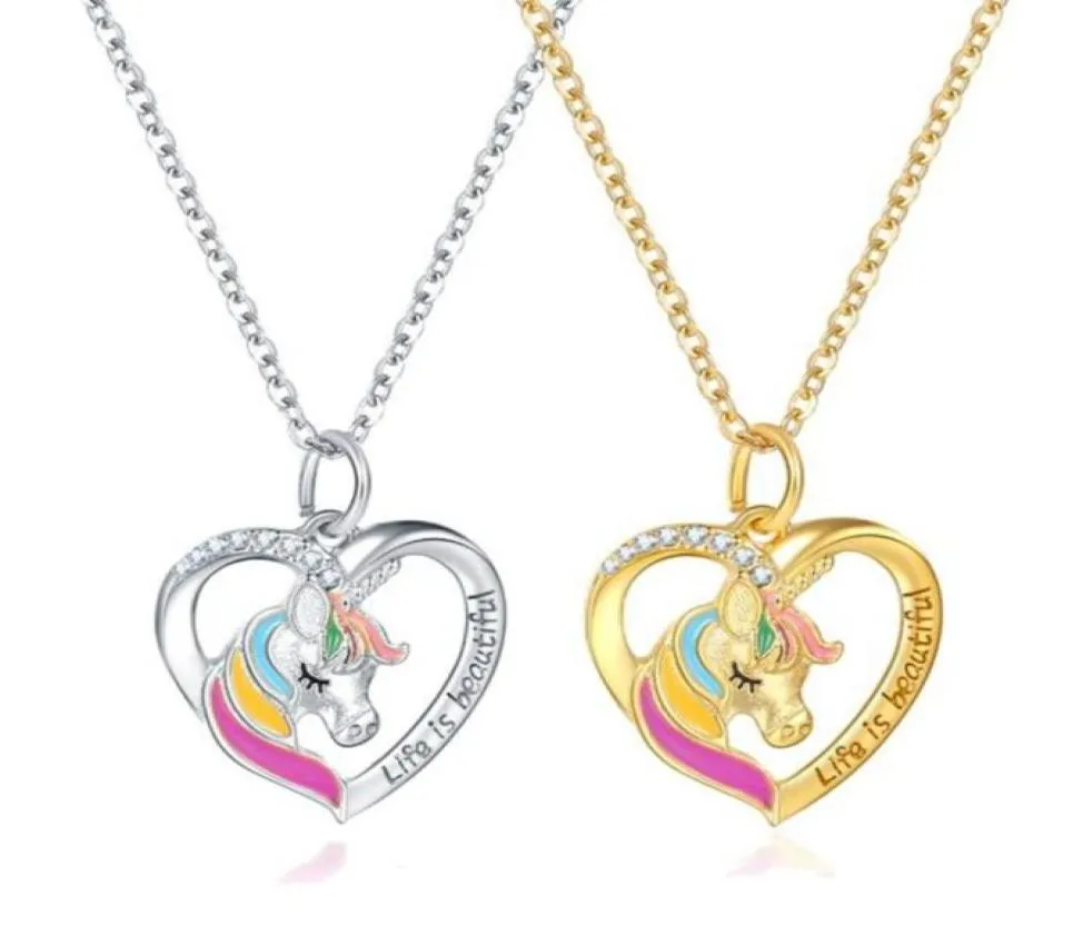 10st Ny Unicorn Heart Neckor Colored Dripping Oil Pendant Halsband för Teenage Woman Jewelry Gift T10418641464914590