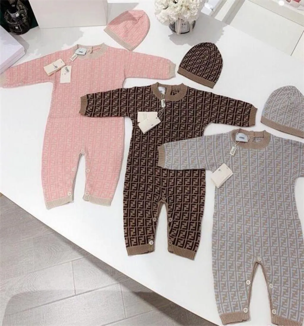 Newborn Infant Baby Romper Girl Boy Designer spring autumn Warm Coat Children Kids Long Sleeve Knit Romper Jumpsuit Hat 2Pcs Outfi4844407