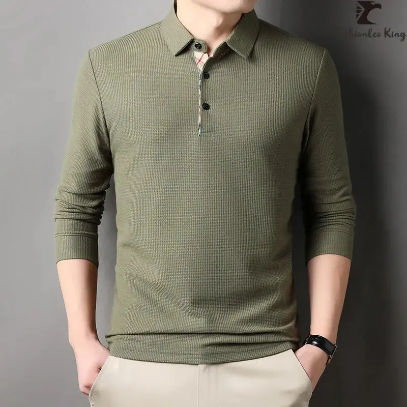 Spring Autumn Mens Loose Long Sleeve Polo Shirt Casual Lapel Plaid Business Collar T Tops 240403