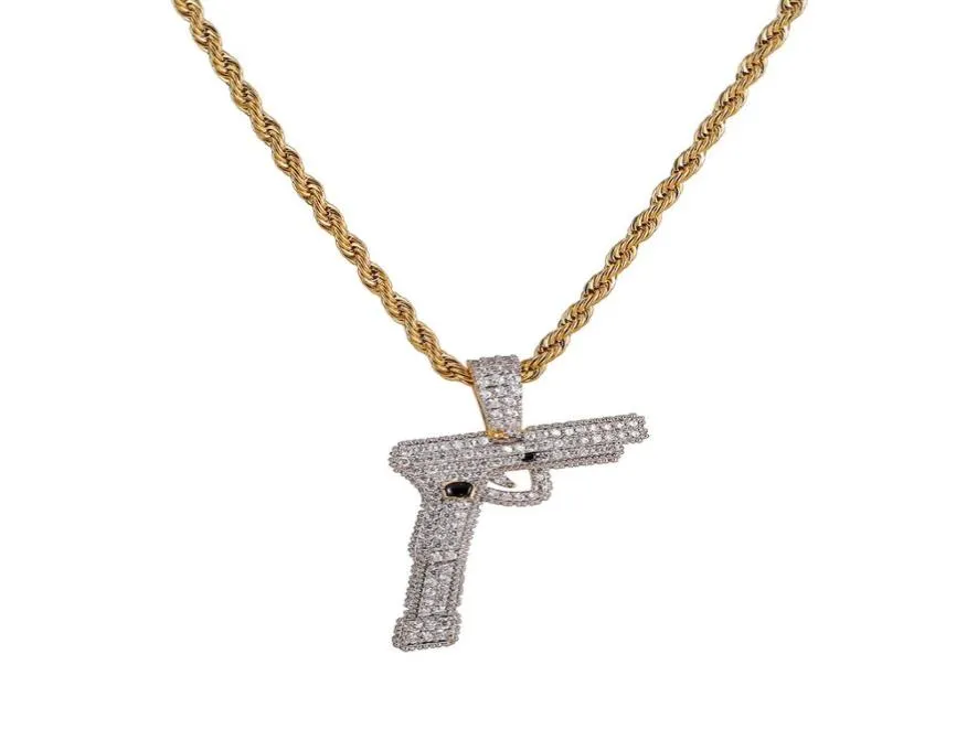 Hip Hop Jewelry Iced Out Goldsilver Color Plated Gun Pendant Necklace Micro Pave Zircon Charm Chain for Men2879112