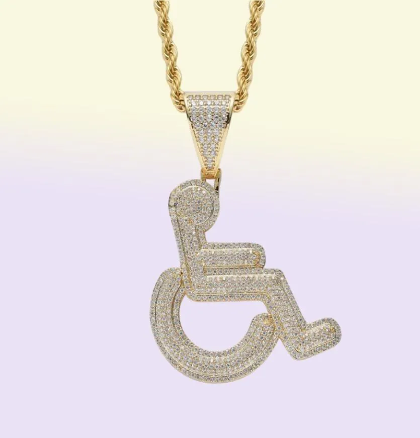 Wheelchair Handicap Sign Pendant Necklace Gold Silver Color Bling Cubic Zircon Men Hip hop Rock 5738469