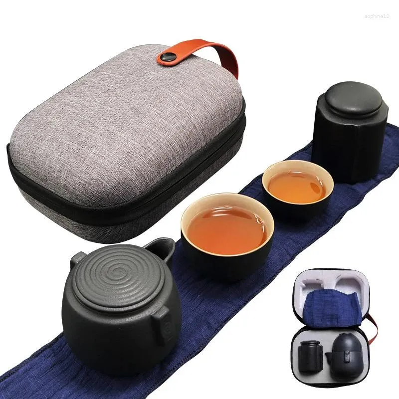 Ensembles de voies de thé Créative Gift Outdoor Travel Office Quik Cup 1 TEAPOT 2 ZEN BLACK CERAMIC GOSE POTERY Japonais Thé