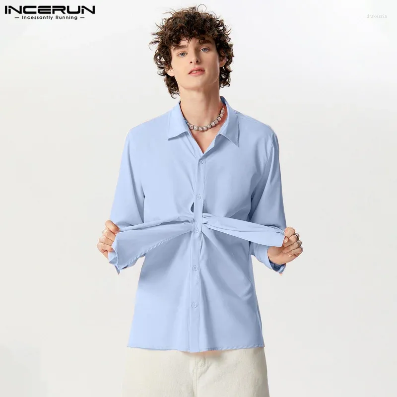 Chemises décontractées pour hommes Incerun Tops 2024 American Style Handsome Tie Knot Design Fashion Solid confortable Blouse à revers à manches longues S-5XL