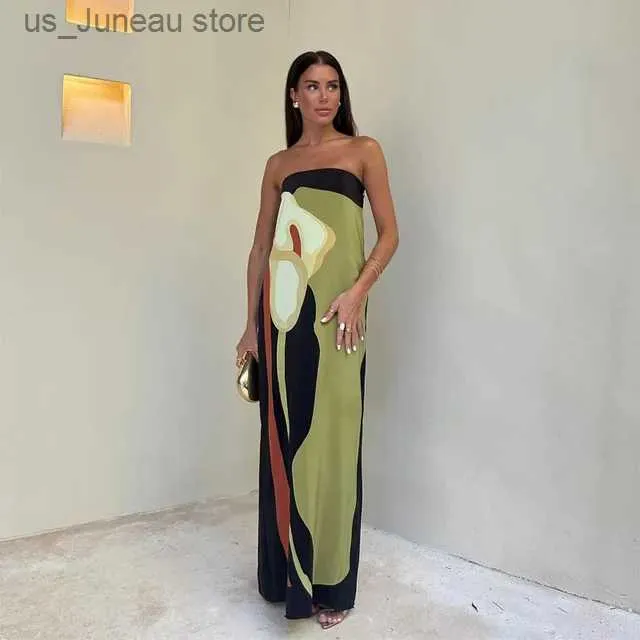 Basic Casual Loose Print Off Shoulder Strapless Maxi Dress Women Contrast  Backless Sleeveless Robes Fashion Female Holiday Beach Vestido