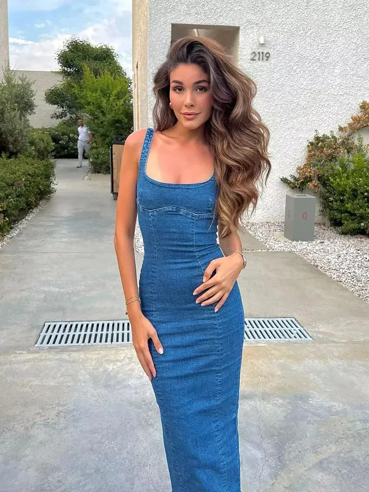 Vintage Denim Midi Dress for Women - Sleeveless, Back Dress Zipper, Casual, Slimming, and Sexy Summer Fashion (HH Traf 240402)