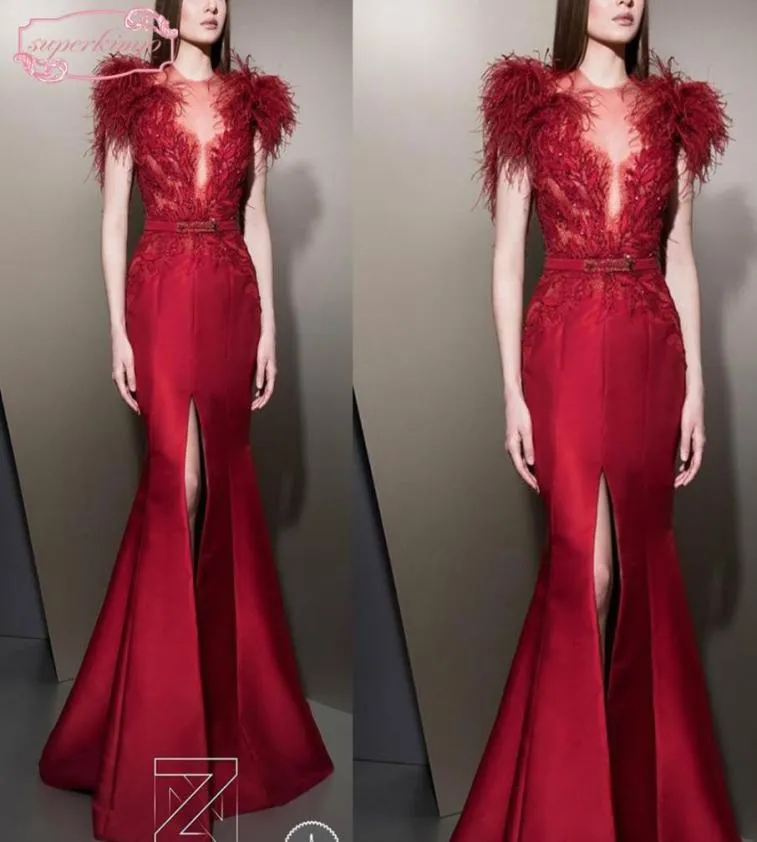 Ziad Nakad Prom se viste de rojo con lentejuelas de plumas de cristal con vestidos de noche saténes delanteros.