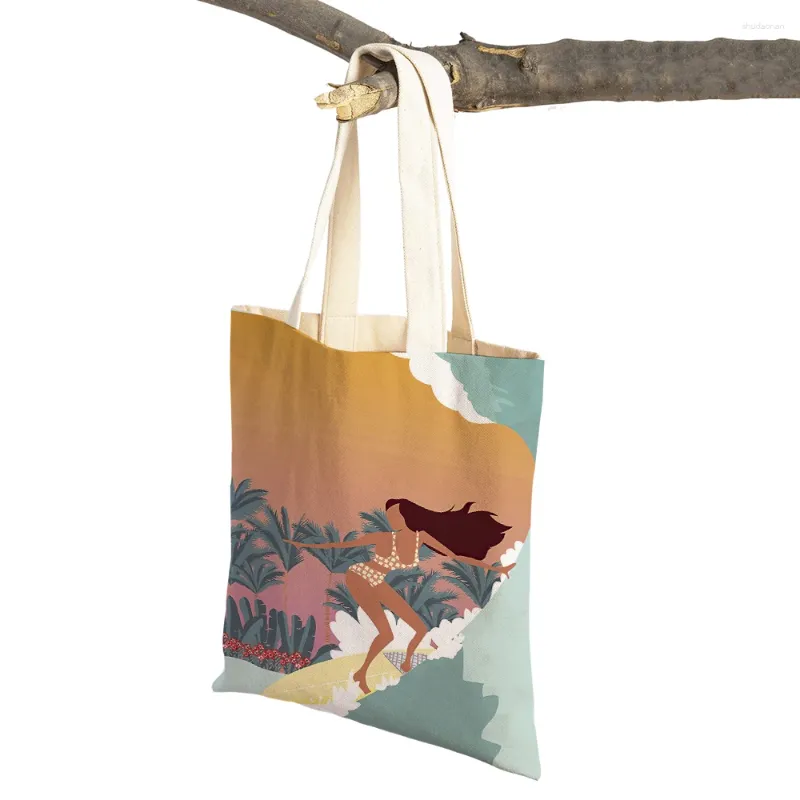 Sacs à provisions Tropical Hawaii Girl Surf Coconut Tree Tree Travel Supermarket Shopper Sac fourre-tout Carton Fashion Cartoon réutilisable