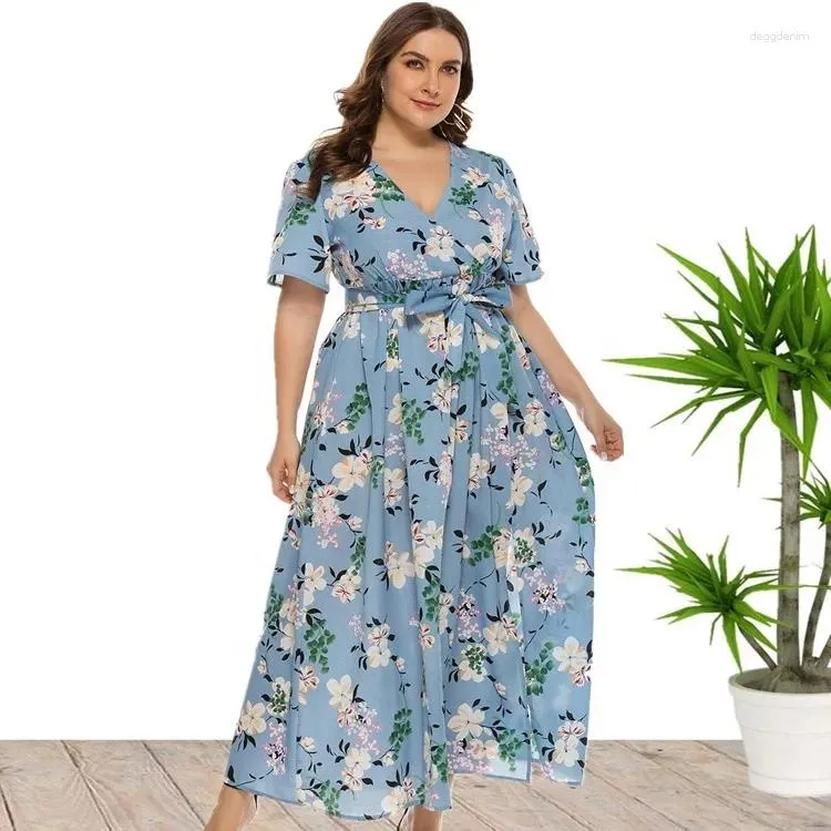 Feestjurken 4xl 5xl Casual bloem afdrukken Wikkel Sleuf Asymmetrische maxi-jurk vrouwen hoge taille veter-seksuele v-hals korte mouw zomer